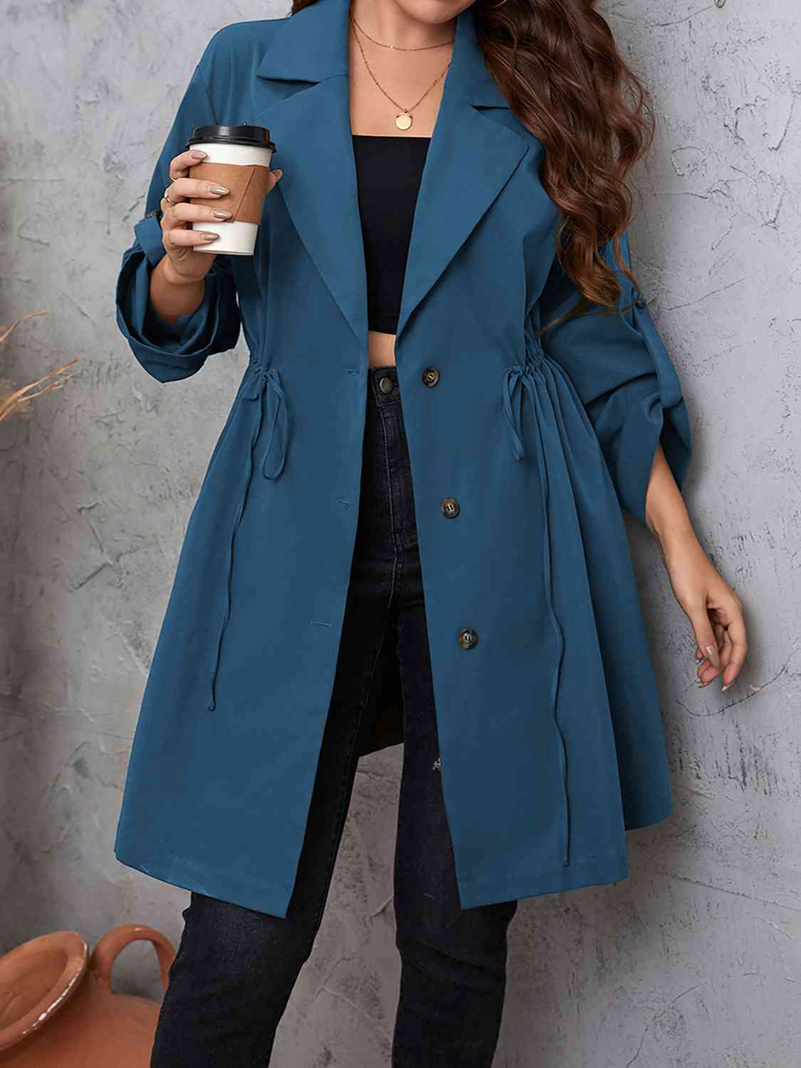 Lapel Collar Drawstring Roll - Tab Sleeve Trench Coat - Rochelle's House LLC