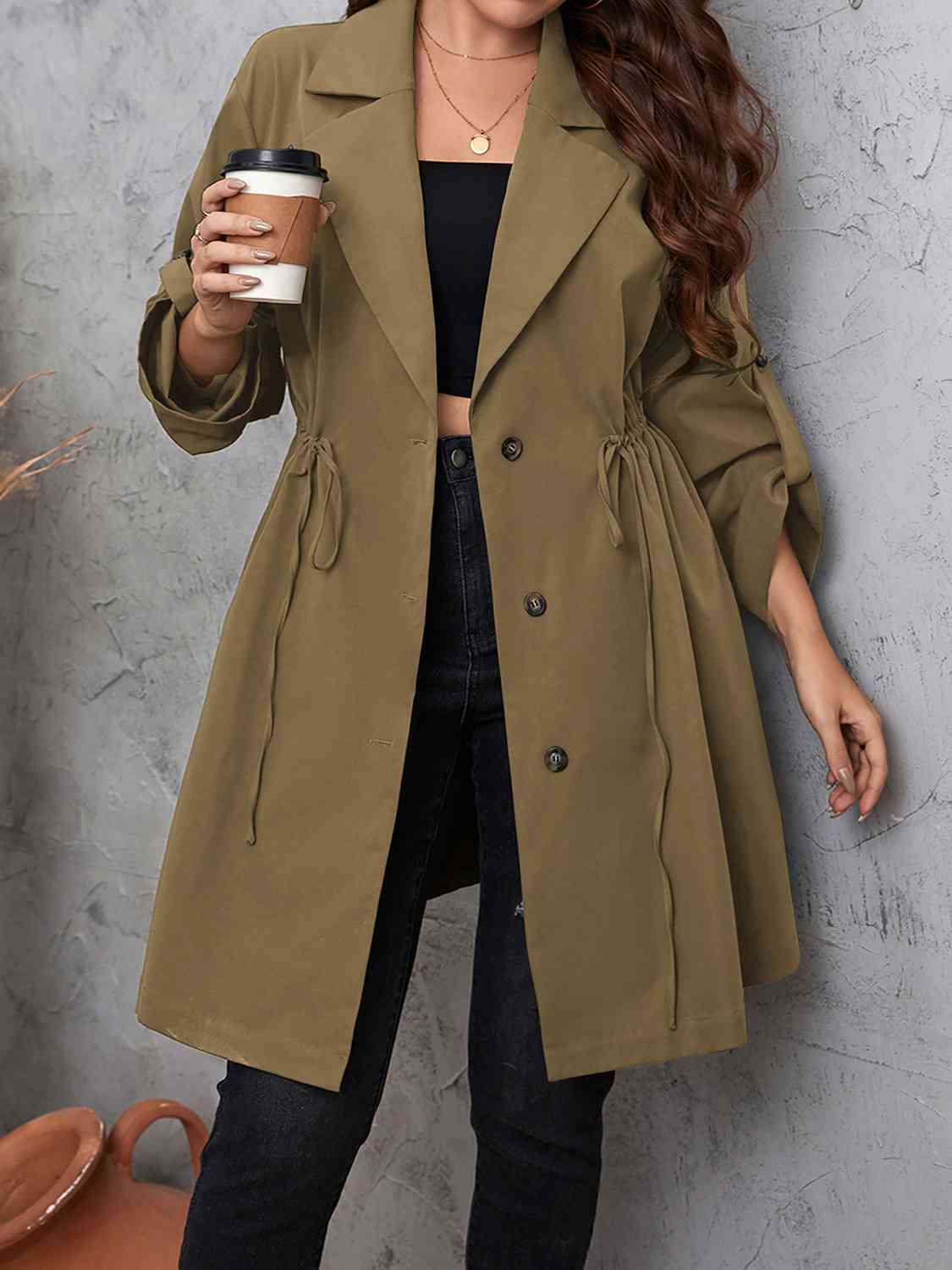 Lapel Collar Drawstring Roll - Tab Sleeve Trench Coat - Rochelle's House LLC