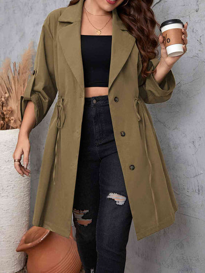Lapel Collar Drawstring Roll - Tab Sleeve Trench Coat - Rochelle's House LLC