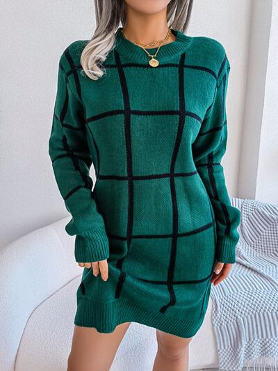 Plaid Round Neck Dropped Shoulder Sweater Dress - Rochelle's House LLC