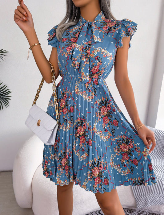 Pleated Floral Printed Tie Neck Knee Length Dress - Rochelle's House LLC