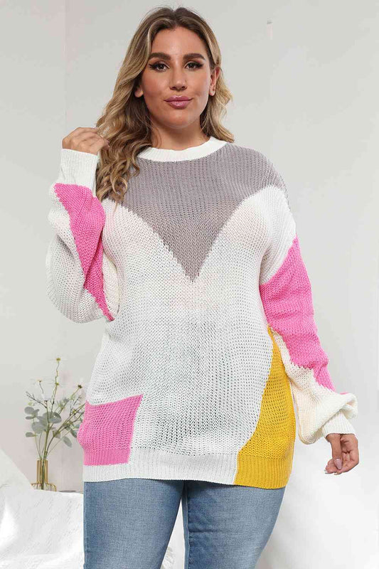 Plus Size Color Block Round Neck Sweater - Rochelle's House LLC