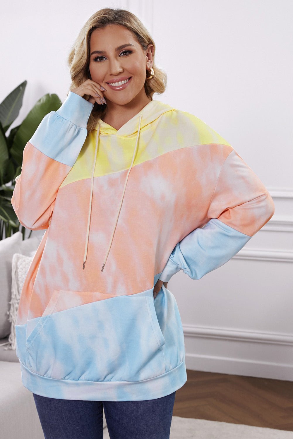 Plus Size Drawstring Color Block Dropped Shoulder Hoodie - Rochelle's House LLC
