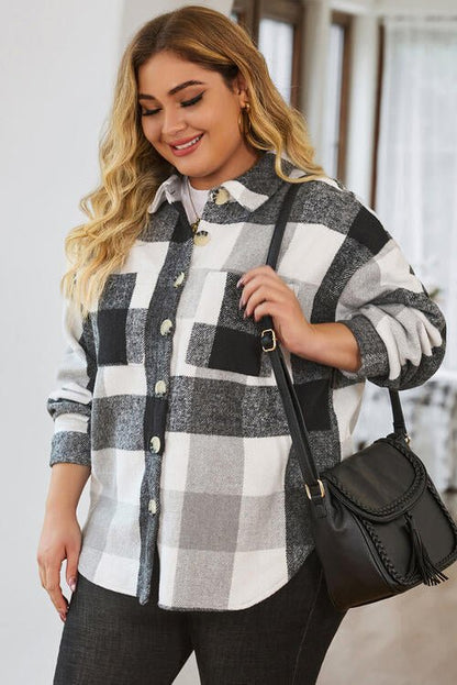 Plus Size Plaid Button Up Collared Neck Jacket - Rochelle's House LLC
