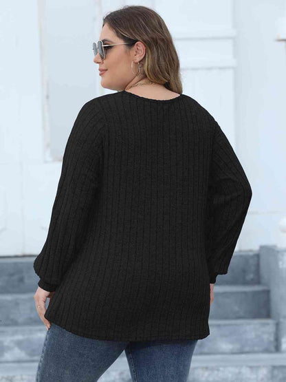 Plus Size Ribbed V - Neck Long Sleeve Top - Rochelle's House LLC