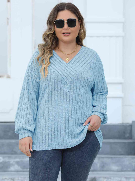 Plus Size Ribbed V - Neck Long Sleeve Top - Rochelle's House LLC