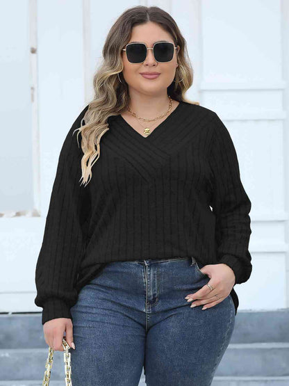Plus Size Ribbed V - Neck Long Sleeve Top - Rochelle's House LLC