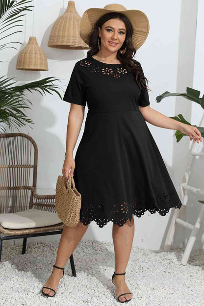 Plus Size Round Neck Openwork Dress - Rochelle's House LLC