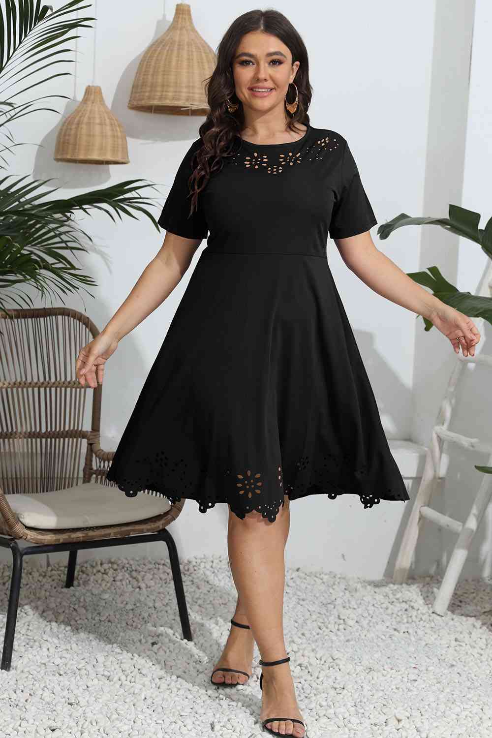 Plus Size Round Neck Openwork Dress - Rochelle's House LLC