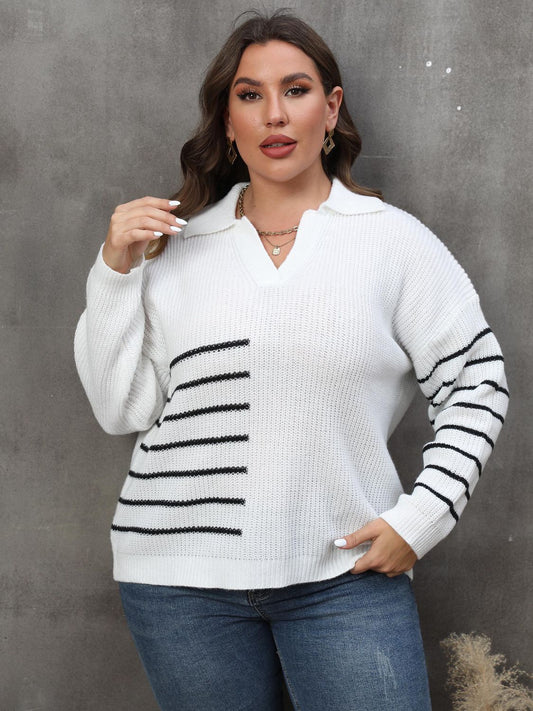 Plus Size Striped V - Neck Sweater - Rochelle's House LLC