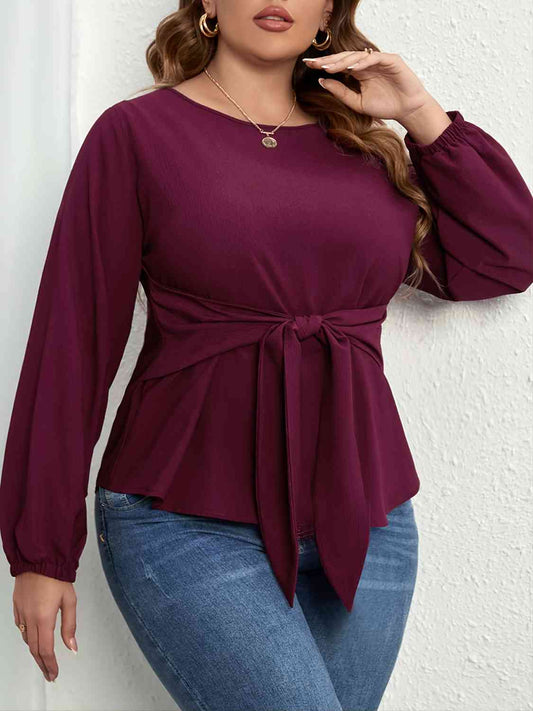 Plus Size Tie Front Long Sleeve Blouse - Rochelle's House LLC