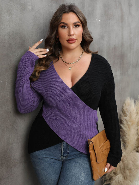 Plus Size Two - Tone Surplice Neck Sweater - Rochelle's House LLC