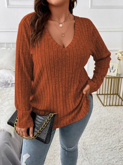 Plus Size V - Neck Long Sleeve T-Shirt - Rochelle's House LLC