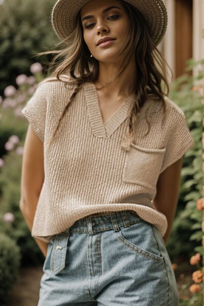 Pocketed V - Neck Cap Sleeve Sweater Vest - Rochelle's House LLC