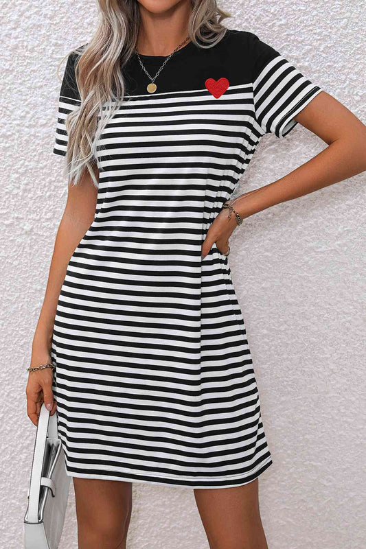 Striped Heart Short Sleeve Dress - Rochelle's House LLC
