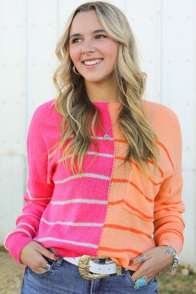Striped Pocketed Dropper Shoulder Sweater - Rochelle's House LLC