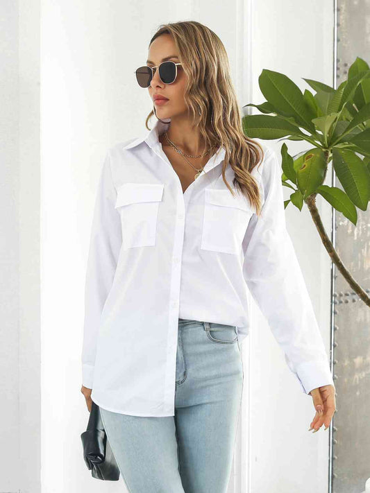 Stylish Collared Neck Buttoned Shirt with Pockets - Rochelle's House LLC