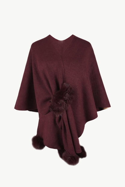 Surplice Neck Pom - Pom Trim Poncho - Rochelle's House LLC