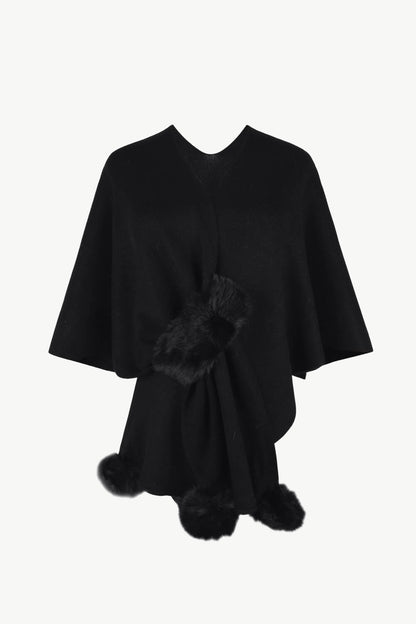 Surplice Neck Pom - Pom Trim Poncho - Rochelle's House LLC