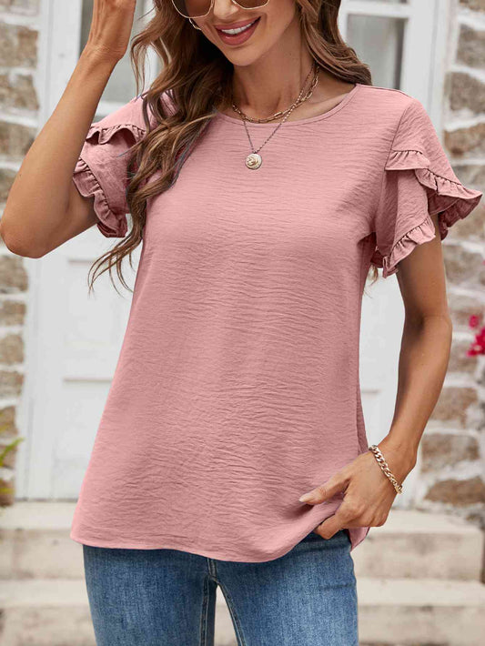 Textured Petal Sleeve Round Neck Tee - Rochelle's House LLC