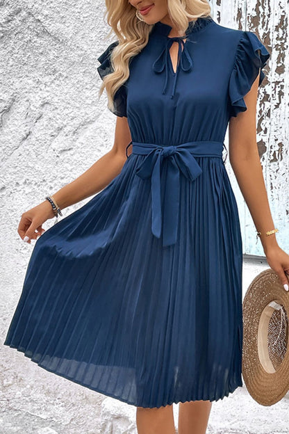 Tie Neck Belted Pleated Dress - Rochelle's House LLC