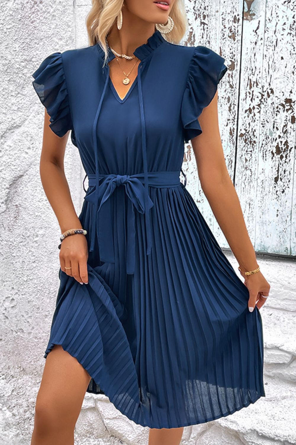 Tie Neck Belted Pleated Dress - Rochelle's House LLC