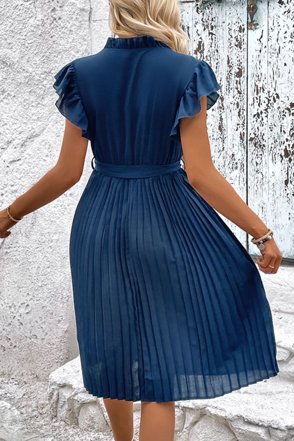 Tie Neck Belted Pleated Dress - Rochelle's House LLC