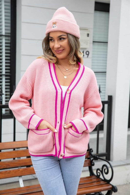 Waffle Knit V - Neck Cardigan with Pocket - Rochelle's House LLC